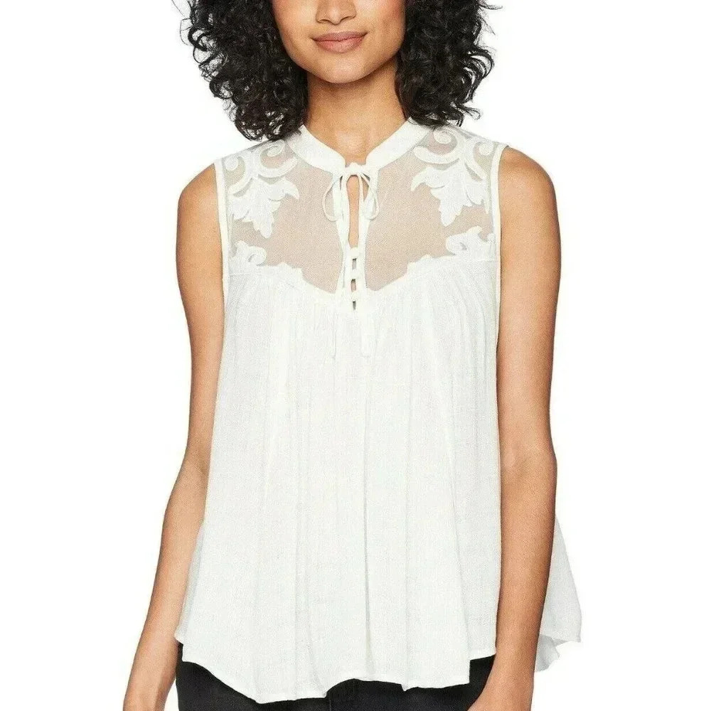 Free‎ People white western cross hatch mesh tie front blouse size Small
